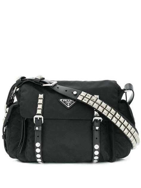 prada plaque shoulder bag|Prada studded shoulder bag.